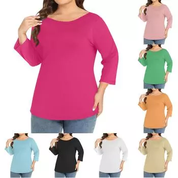 Женский однотонный топ больших размеров с круглым вырезом и рукавами 3/4 XXXXXL бежевый