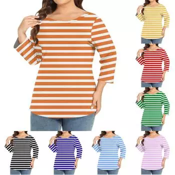 Женский однотонный топ больших размеров с круглым вырезом и рукавами 3/4 XL оранжевый