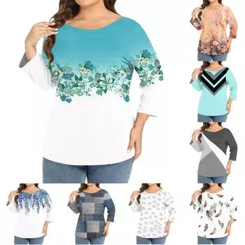 Женский однотонный топ больших размеров с круглым вырезом и рукавами 3/4 XXL