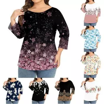 Женский однотонный топ больших размеров с круглым вырезом и рукавами 3/4 XXL чёрный