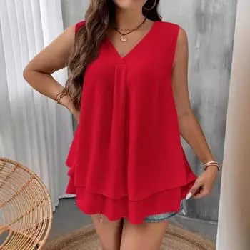 Женский однотонный топ из шифона с V-образным вырезом, свободный, модный, без рукавов, жилет-рубашка S красный