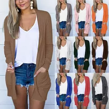 Женский однотонный топ, кардиган с длинными рукавами, легкая длинная куртка S синий