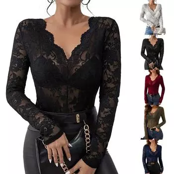 Женский однотонный топ с цветочным кружевом и веерообразным декором, маленькая рубашка, топ с длинными рукавами L армия зеленый