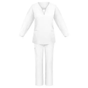 Женский однотонный топ с длинным рукавом и v-образным вырезом, рабочая форма, карманный костюм XL белый