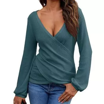 Женский однотонный топ с длинным рукавом, сексуальный повседневный топ с воротником L зелёный