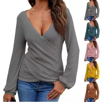 Женский однотонный топ с длинным рукавом, сексуальный повседневный топ с воротником L зелёный