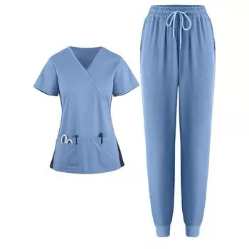 Женский однотонный топ с короткими рукавами и карманами в виде креста и V-образного выреза, рабочая одежда, комплект из двух предметов XL