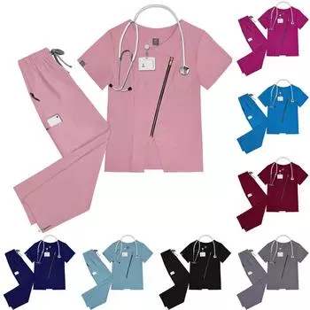 Женский однотонный топ с короткими рукавами и V-образным вырезом, карманами, рабочая одежда, комплект из двух предметов M тёмно-синий