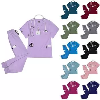 Женский однотонный топ с короткими рукавами и V-образным вырезом, карманами, рабочая одежда, комплект из двух предметов L армия зеленый