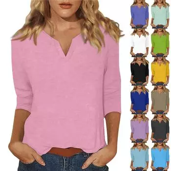 Женский однотонный топ с круглым вырезом и рукавами 3/4 V+ L чёрный