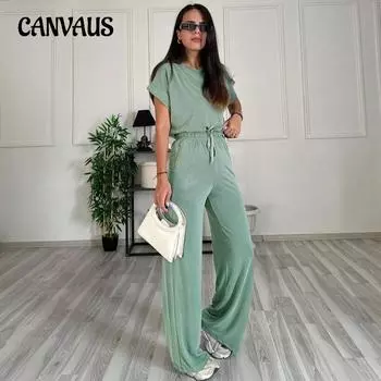 Женский однотонный топ с круглым вырезом и короткими рукавами больших размеров на весну и лето, модный повседневный костюм с широкими брюками и высокой талией S чёрный