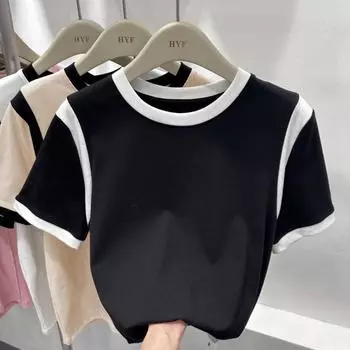 Женский однотонный топ с круглым вырезом и короткими рукавами и контрастной строчкой - стильная летняя верхняя и нижняя одежда 2X-Large