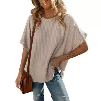 Женский однотонный топ с круглым вырезом, застегивающийся на пуговицы, расклешенный, с рукавами три четверти S бежевый