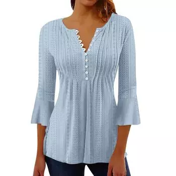 Женский однотонный топ с полым V-образным вырезом и расклешенными пуговицами с рукавами три четверти XL
