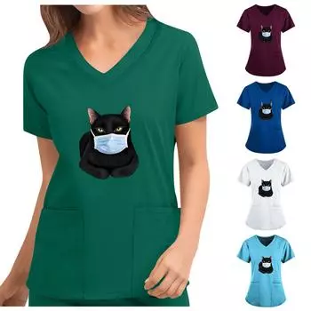 Женский однотонный топ с v-образным вырезом и короткими рукавами с милым принтом, однотонный топ с карманами One size синий