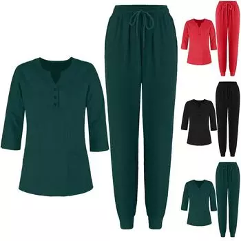 Женский однотонный топ с V-образным вырезом и рукавами 3/4, карманами на пуговицах, брюки, рабочая одежда, комплект из двух предметов L чёрный