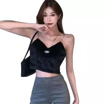 Женский однотонный топ-труба с V-образным вырезом и буквенной цепочкой, сексуальный тонкий укороченный жилет с открытым пупком