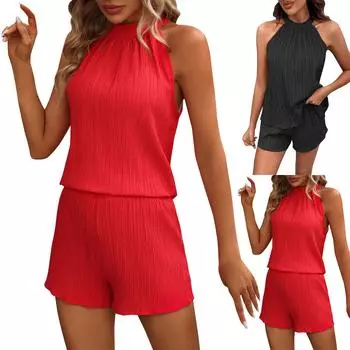 Женский однотонный топ в мятую клетку из двух частей и повседневные шорты с высокой талией L чёрный