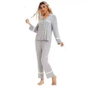 Женский однотонный трикотажный хлопковый свободный кружевной кардиган с длинным рукавом и длинными брюками, пижамный комплект M темно-синий