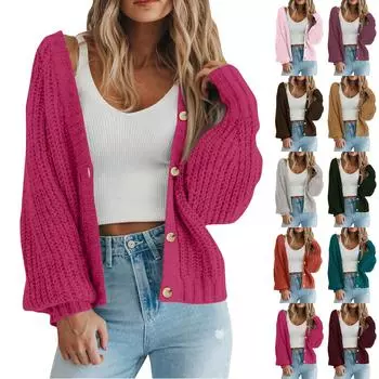 Женский однотонный трикотажный кардиган с длинным рукавом и V-образным вырезом на пуговицах M кофейный