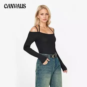 Женский однотонный трикотажный комбинезон без бретелек с длинным рукавом и узким низом M чёрный