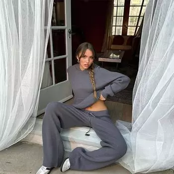 Женский однотонный трикотажный комплект из двух предметов с капюшоном и длинными рукавами, повседневные свободные брюки с карманами S серый