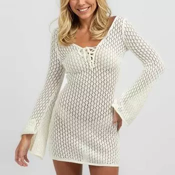 Женский однотонный трикотажный пляжный купальник-бикини с капюшоном, солнцезащитное платье, пляжная юбка L белый