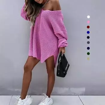 Женский однотонный трикотажный свитер средней длины с открытыми плечами и V-образным вырезом Extra Large серый