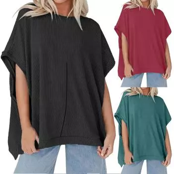 Женский однотонный трикотажный свободный пуловер с круглым вырезом и рукавами-футболками L чёрный