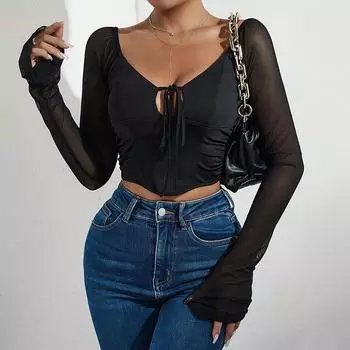 Женский однотонный уличный трикотажный топ с длинными рукавами в стиле «спайс-тай» S чёрный