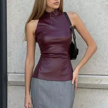 Женский однотонный утягивающий топ без рукавов с высоким воротом S бордовый