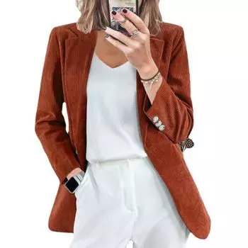 Женский однотонный вельветовый кардиган приталенного повседневного профессионального пиджака L бежевый