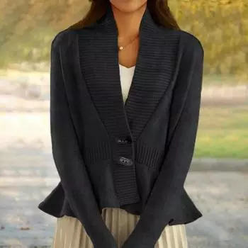 Женский однотонный винтажный вязаный кардиган с V-образным вырезом, свитер, пальто с оборкой по низу L чёрный
