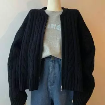 Женский однотонный вязаный кардиган на молнии, повседневный свитер с длинным рукавом, куртка на осень-зиму XL чёрный