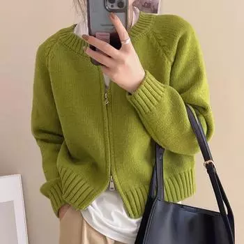 Женский однотонный вязаный кардиган на молнии, свитера, повседневный трикотаж, пальто с длинным рукавом и круглым вырезом, верхняя одежда для офиса, осень-зима One Size зелёный