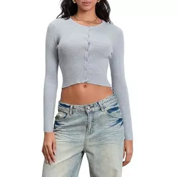 Женский однотонный вязаный кардиган на пуговицах с длинным рукавом и круглым вырезом, легкий свитер S серый