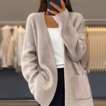 Женский однотонный вязаный кардиган осень/зима 2024 года с карманами и шнуровкой M верблюд