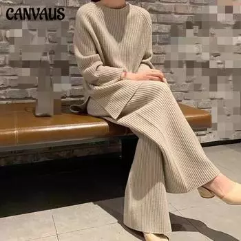 Женский однотонный вязаный комплект из двух предметов, повседневные широкие брюки с длинными рукавами, свитер, спортивный костюм, модные зимние пуловеры с длинным рукавом, домашний костюм