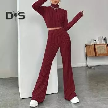 Женский однотонный вязаный наряд, 2 шт./компл., укороченные топы с воротником и длинными рукавами, расклешенные брюки с высокой талией, облегающий зимний наряд в рубчик S чёрный