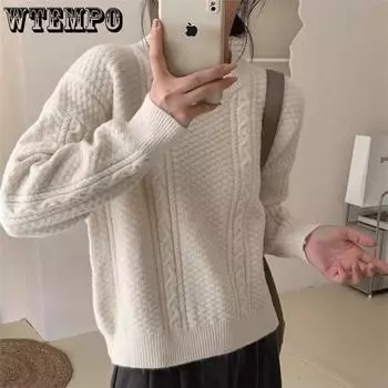 Женский однотонный вязаный пуловер с длинным рукавом и круглым вырезом, осенне-зимний свитер белый