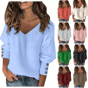 Женский однотонный вязаный сексуальный свободный свитер с длинными рукавами и v-образным вырезом L чёрный