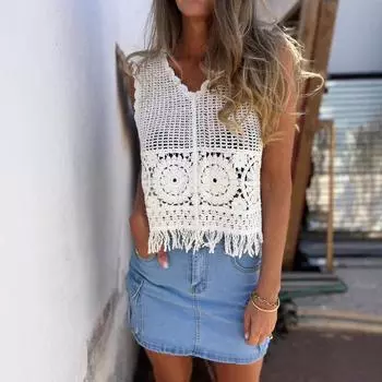 Женский однотонный вязаный свитер без рукавов с вырезами и кисточками, жилет, прикрывающий верх one size белый