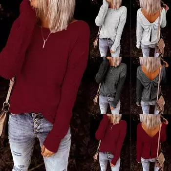 Женский однотонный вязаный свитер с длинным рукавом, осенний пуловер с круглым вырезом, топы