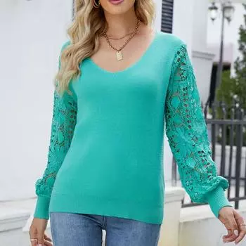 Женский однотонный вязаный свитер с v-образным вырезом и длинным рукавом из кружева, пуловер, свитер XL