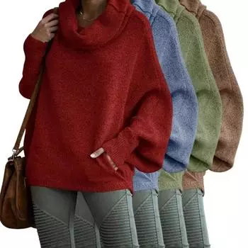 Женский однотонный вязаный свитер с высоким воротом, модный пуловер-фонарик, свободный повседневный свитер с длинными рукавами S темно-коричневого