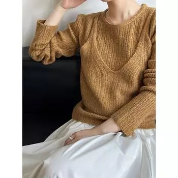 Женский однотонный вязаный тонкий свитер-пуловер на осень и зиму One size имбирный