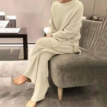 Женский однотонный вязаный топ с длинным рукавом и круглым вырезом, эластичные брюки, повседневный комплект из двух предметов, без карманов L бежевый