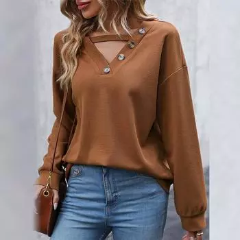 Женский однотонный вязаный топ с полым V-образным вырезом и длинными рукавами S зелёный