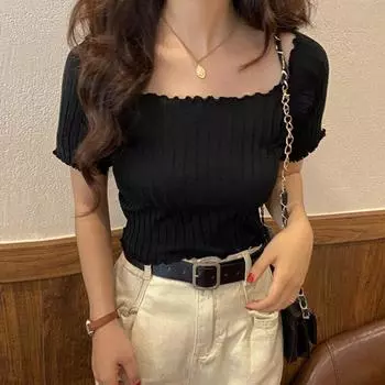 Женский однотонный вязаный укороченный топ с короткими рукавами и оборками One Size чёрный