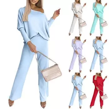 Женский однотонный женский повседневный костюм с круглым вырезом и длинным рукавом L циан